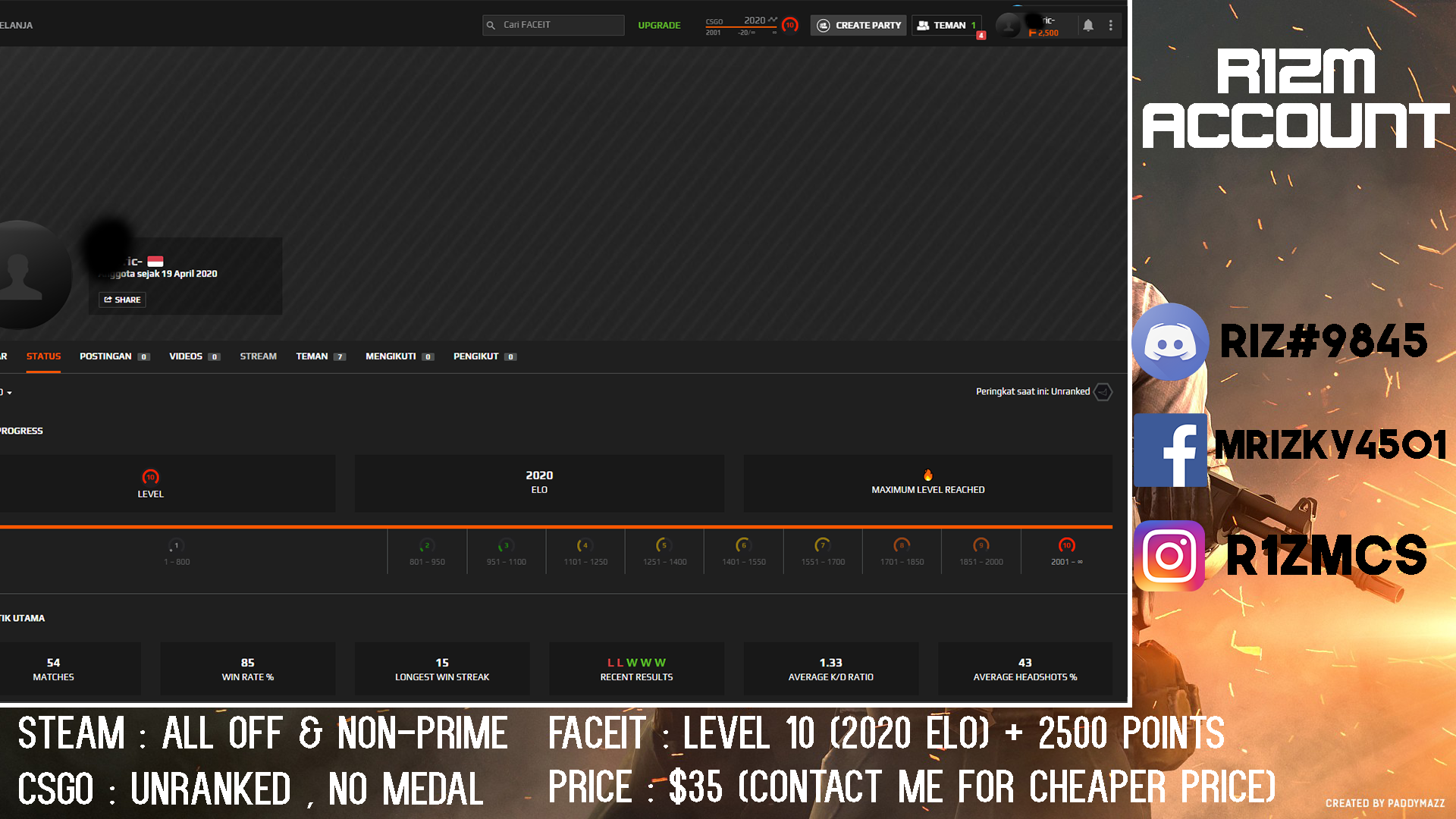 Selling Faceit Account Level 10 Elo 2500 Faceit Points 35 Epicnpc Marketplace