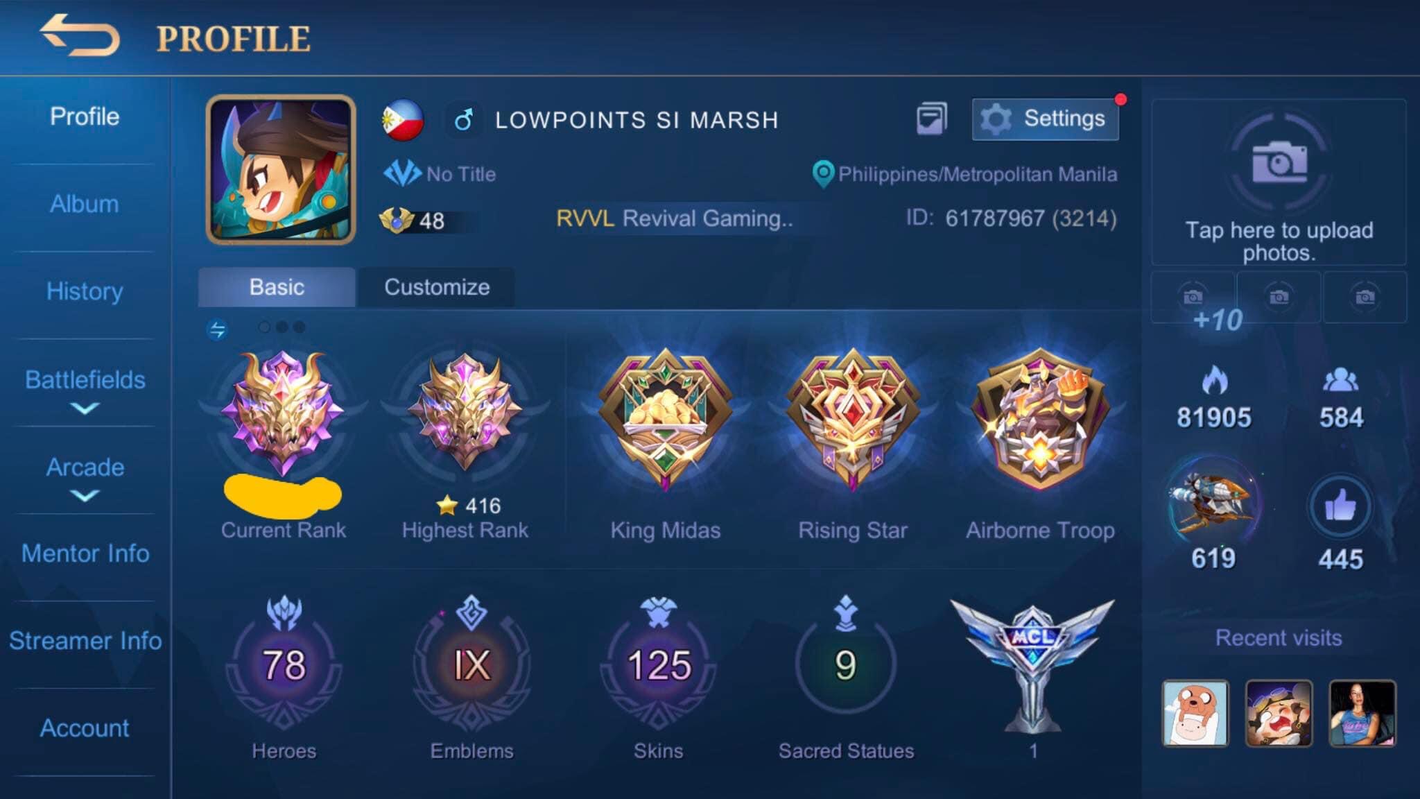 Selling - Ml account 416 highest stars Max emblems 79 heroes 128 skins ...